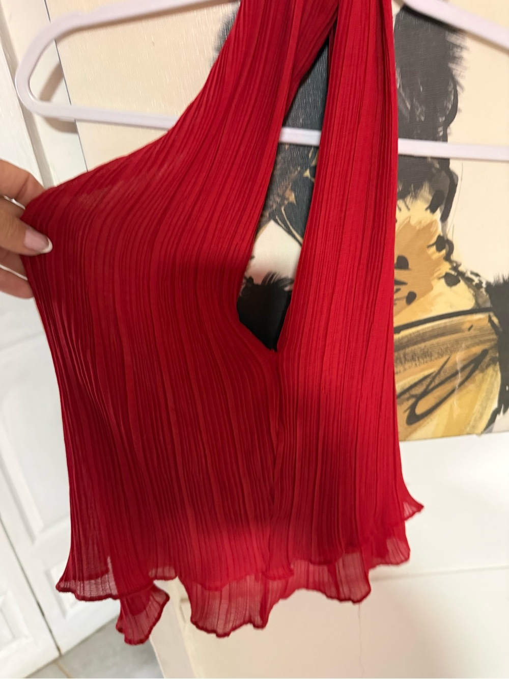 Red Pleated Women's Dress Top - Elegant Halter Style, opened back